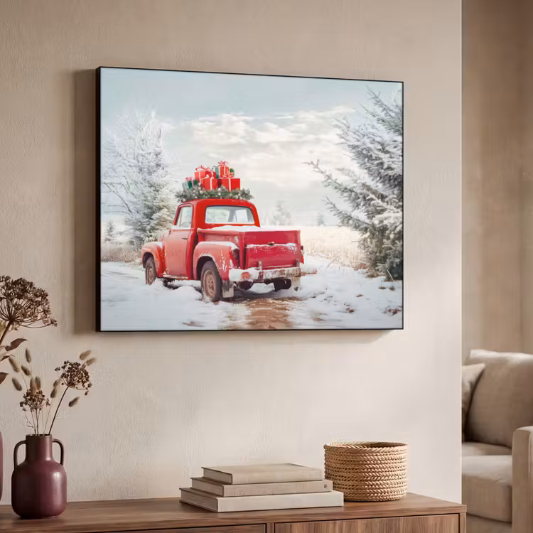 Auto - Rood - Cadeaus - Winter - Sneeuw - Kerst Textielframe - compleet frame klein -sfeer3