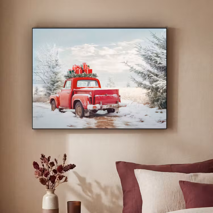 Auto - Rood - Cadeaus - Winter - Sneeuw - Kerst Textielframe - compleet frame klein -sfeer1
