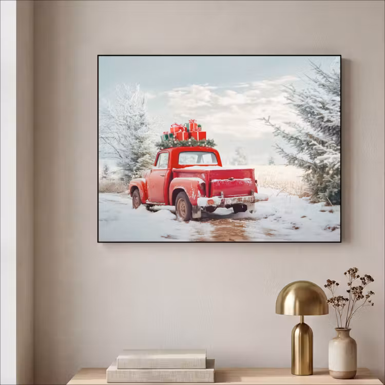 Auto - Rood - Cadeaus - Winter - Sneeuw - Kerst Textielframe zwart klein -sfeer2