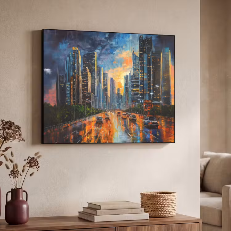 Auto - Skyline - Zon - Blauw Textielframe - compleet frame klein -sfeer3