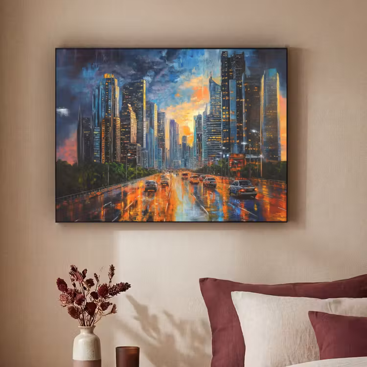 Auto - Skyline - Zon - Blauw Textielframe - compleet frame klein -sfeer1
