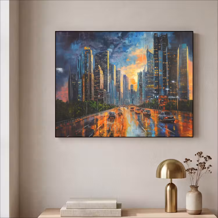 Auto - Skyline - Zon - Blauw Textielframe zwart klein -sfeer2