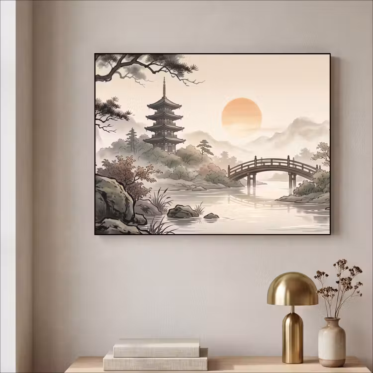 Azië - Landschap - Kleurrijk Textielframe zwart klein -sfeer2