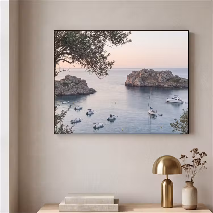 Art frame - Baai - boten - zonsondergang - Baai - boten - zonsondergang Textielframe zwart klein