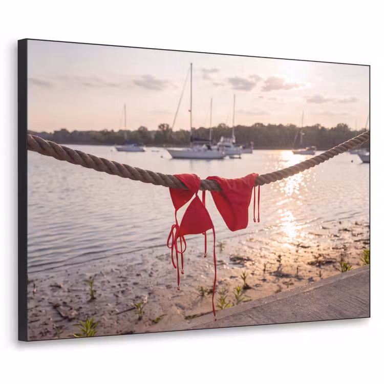 Badkleding - Rood - Zomer - Water - Zonsondergang Textielframe zwart klein -3d