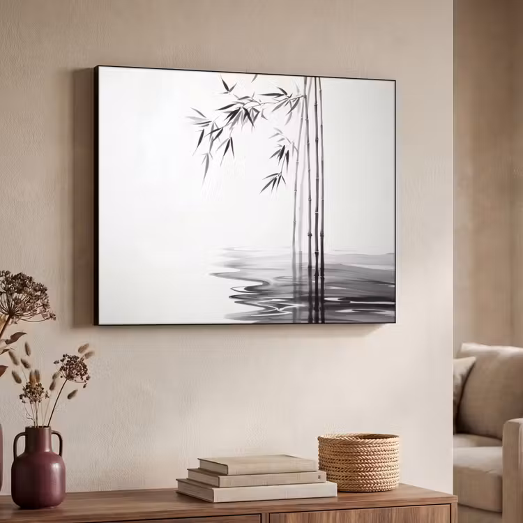 Bamboestammen - Water - Minimalistisch - Wit Textielframe zwart klein -sfeer3