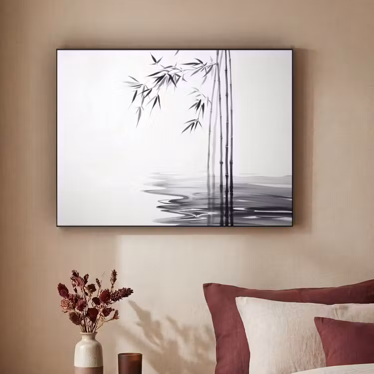 Bamboestammen - Water - Minimalistisch - Wit Textielframe - compleet frame klein -sfeer1