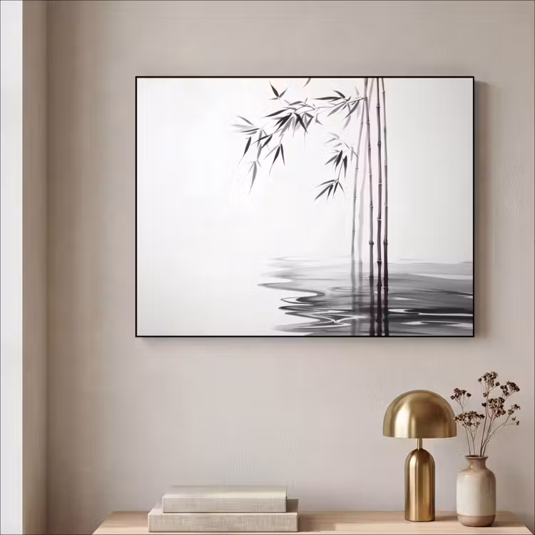 Bamboestammen - Water - Minimalistisch - Wit Textielframe - compleet frame klein -sfeer2