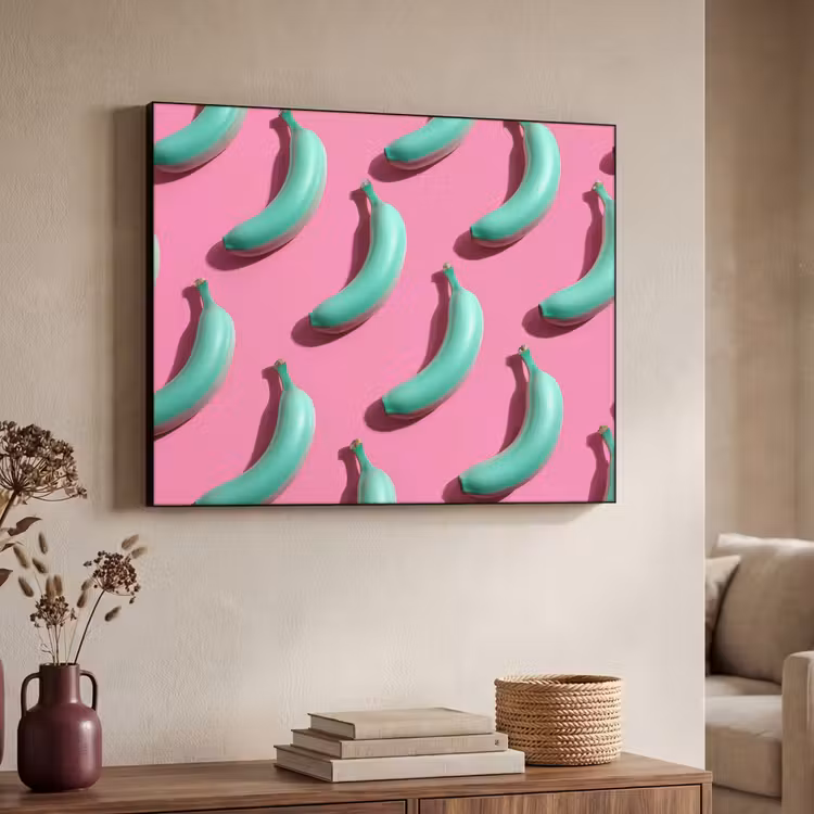 Bananen - Patroon - Blauw - Roze Textielframe zwart klein -sfeer3