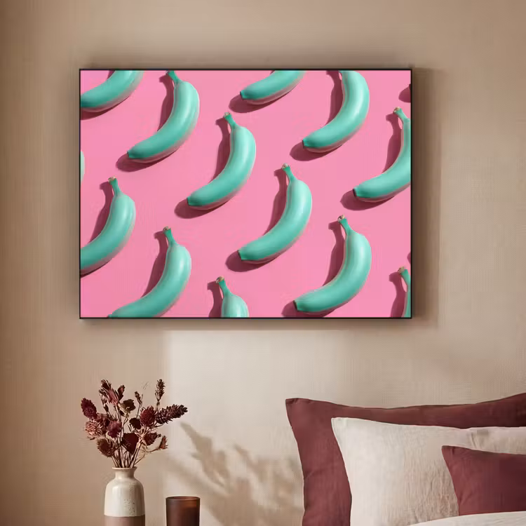 Bananen - Patroon - Blauw - Roze Textielframe zwart klein -sfeer1
