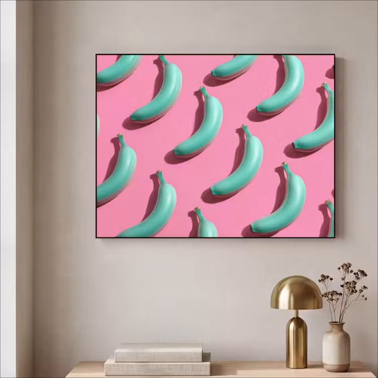 Bananen - Patroon - Blauw - Roze Textielframe zwart klein -sfeer2