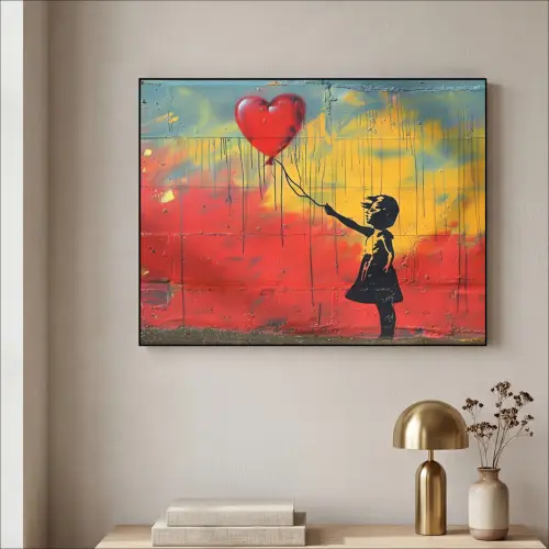 Banksy Style - Kleurrijk - Graffiti - Meisje - Street art Textielframe - compleet frame klein -sfeer2