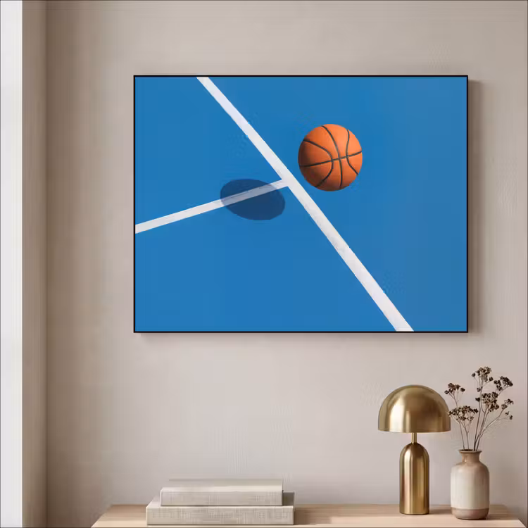 Basket - Bal - Blauw - Zwevend Textielframe zwart klein -sfeer2