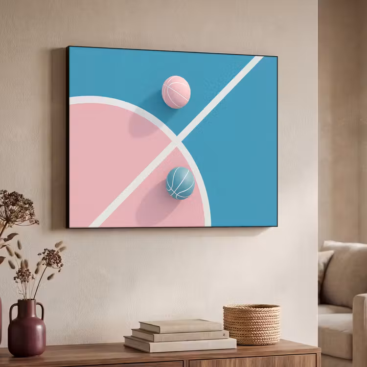 Basketbal - Pastel - Roze - BLauw Textielframe - compleet frame klein -sfeer3