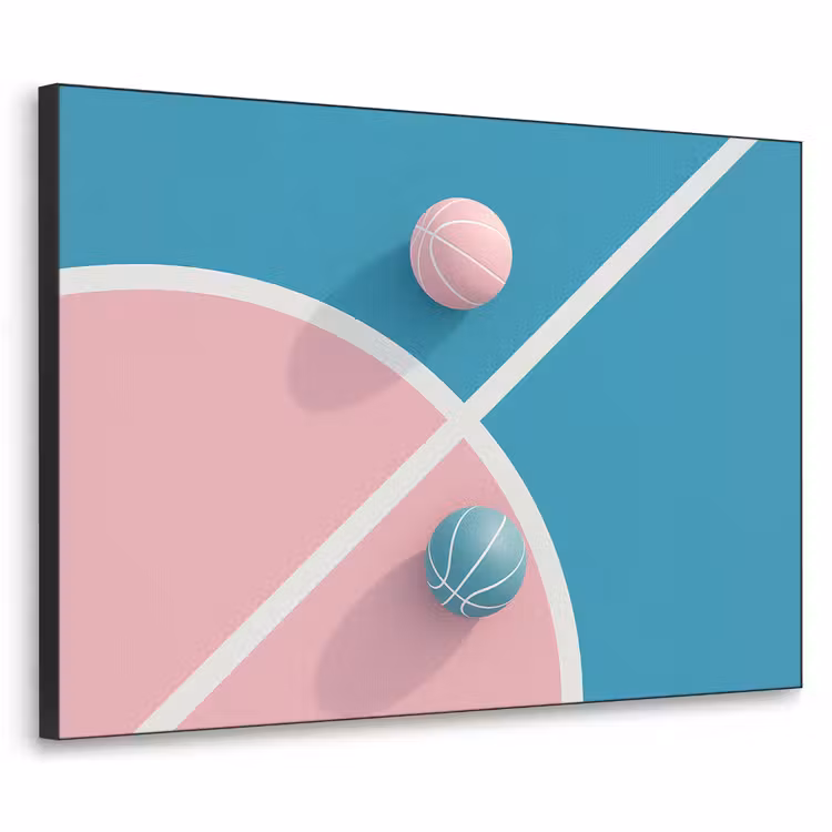 Basketbal - Pastel - Roze - BLauw Textielframe zwart klein -3d