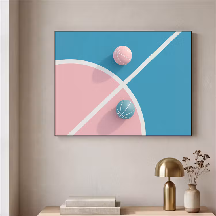 Basketbal - Pastel - Roze - BLauw Textielframe - compleet frame klein -sfeer2
