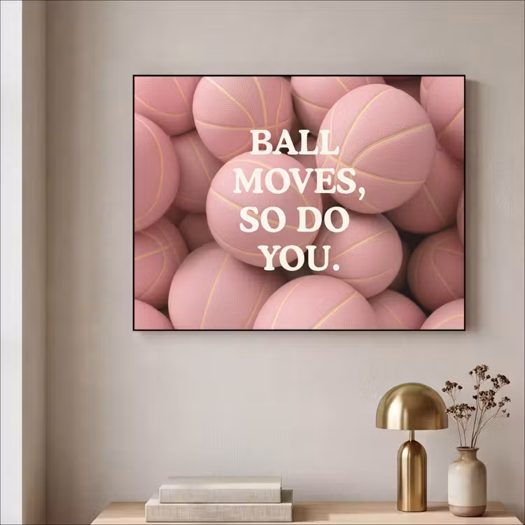 Basketballen - Roze - Quote - Sportief Textielframe zwart klein -sfeer2