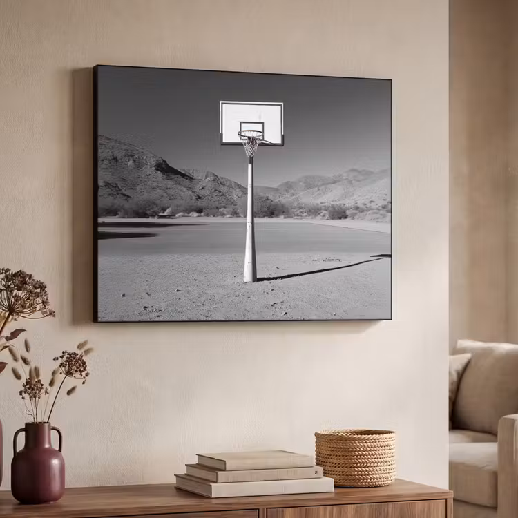 Basketbalpaal - Landschap - Zand - Wit Textielframe - compleet frame klein -sfeer3