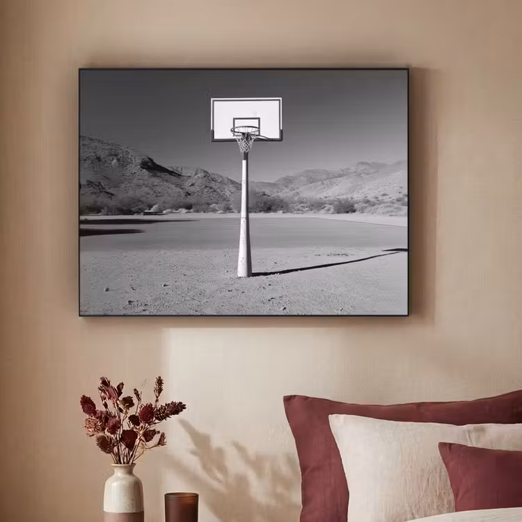 Basketbalpaal - Landschap - Zand - Wit Textielframe - compleet frame klein -sfeer1