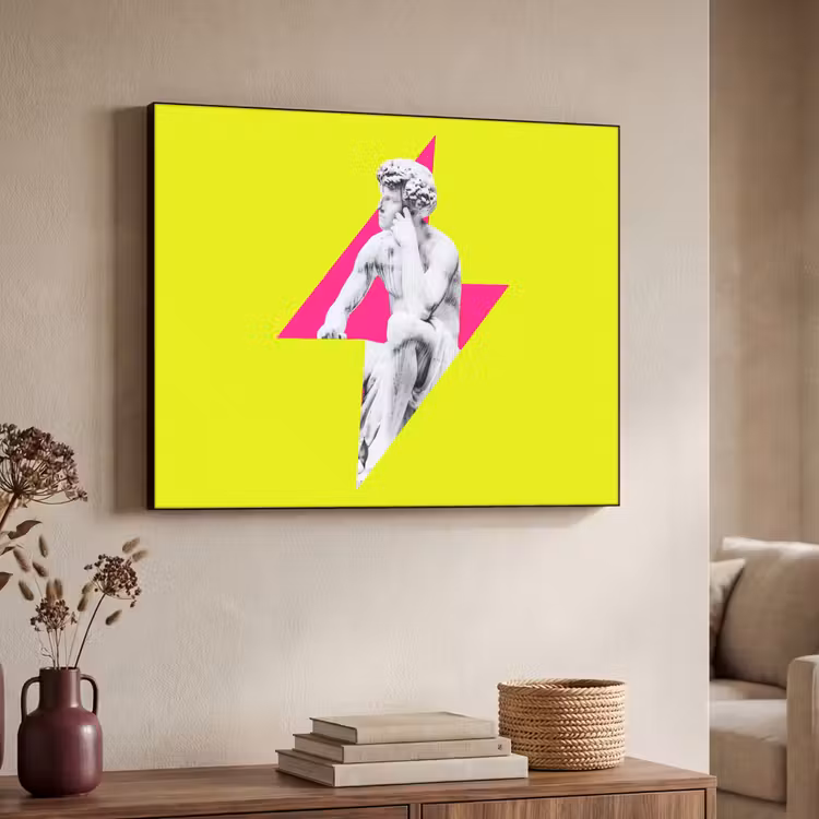Beeld - Man - Bliksemschicht - Geel Textielframe - compleet frame klein -sfeer3