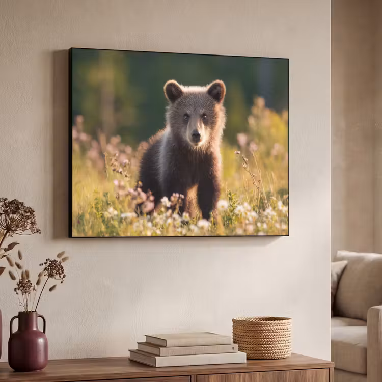Beer - Bloemenveld - Gras Textielframe zwart klein -sfeer3
