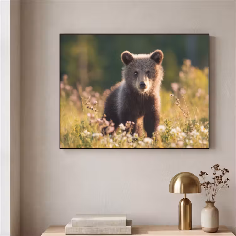 Beer - Bloemenveld - Gras Textielframe zwart klein -sfeer2