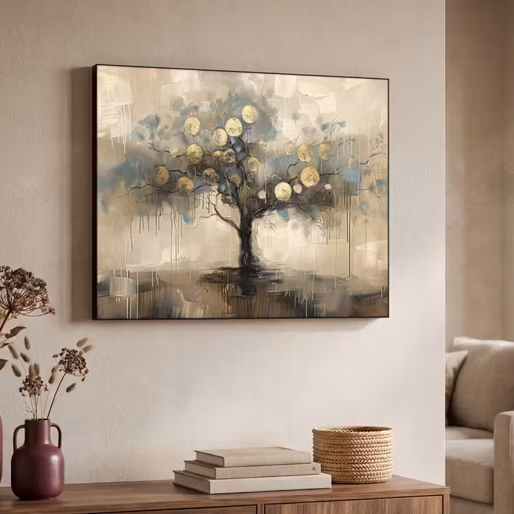 Beige - Abstract - Boom - Goud Textielframe - compleet frame klein -sfeer3