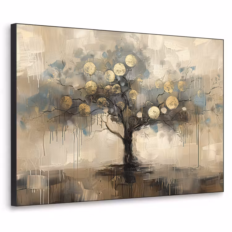 Beige - Abstract - Boom - Goud Textielframe zwart klein -3d