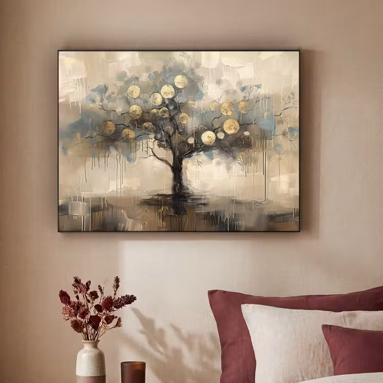 Beige - Abstract - Boom - Goud Textielframe - compleet frame klein -sfeer1