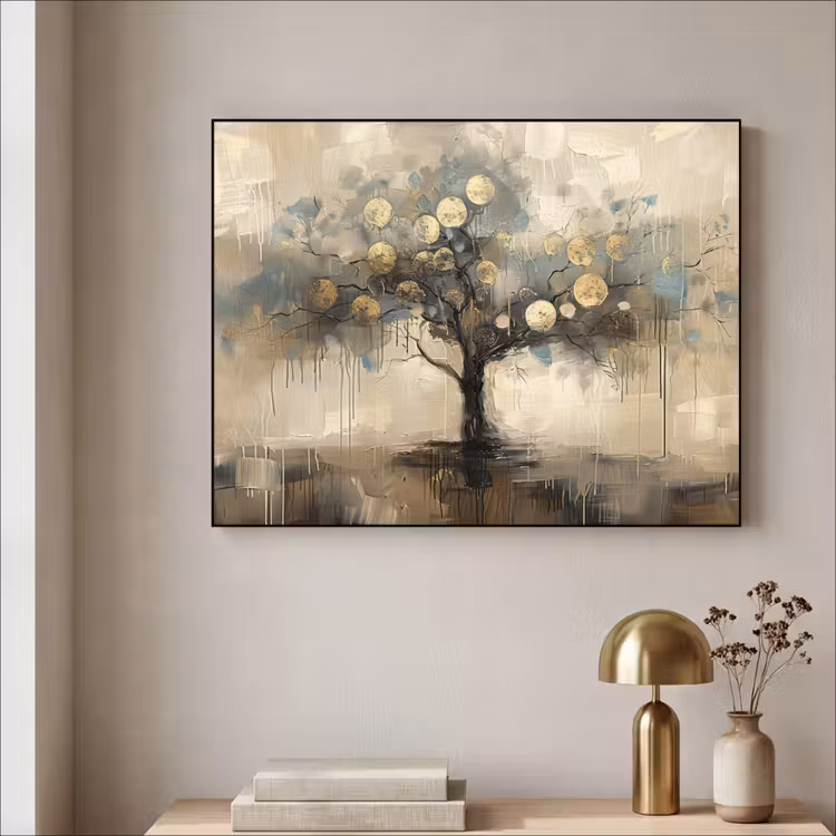Beige - Abstract - Boom - Goud Textielframe zwart klein -sfeer2