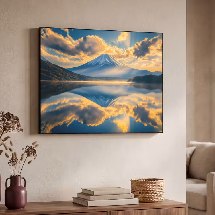 Berg - Rivier - Zonsondergang Textielframe zwart klein -sfeer3