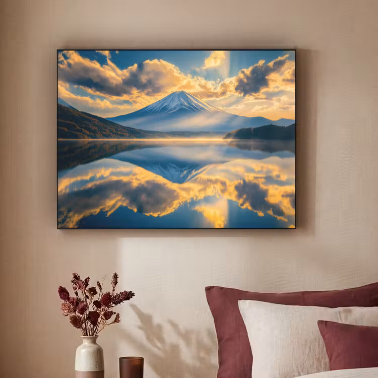 Berg - Rivier - Zonsondergang Textielframe zwart klein -sfeer1