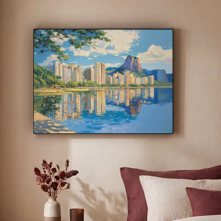 Berg - Skyline - Strand - Water Textielframe zwart klein -sfeer1