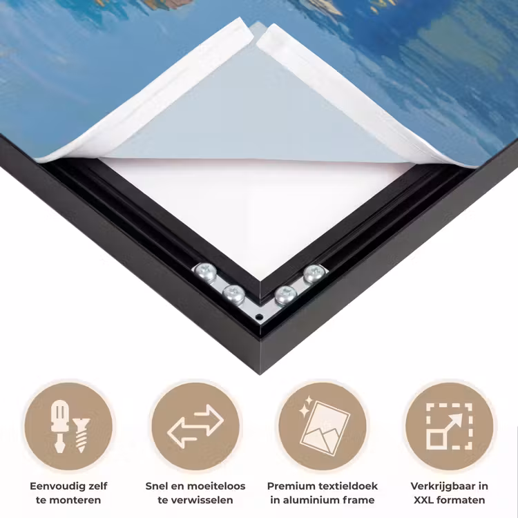 Berg - Skyline - Strand - Water Textielframe zwart klein -USP_closeupNL