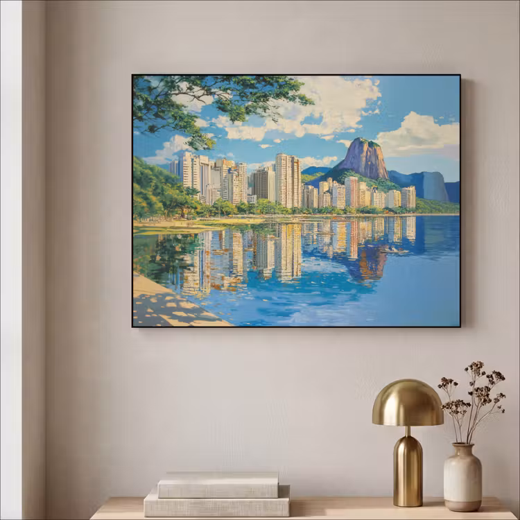 Berg - Skyline - Strand - Water Textielframe zwart klein -sfeer2