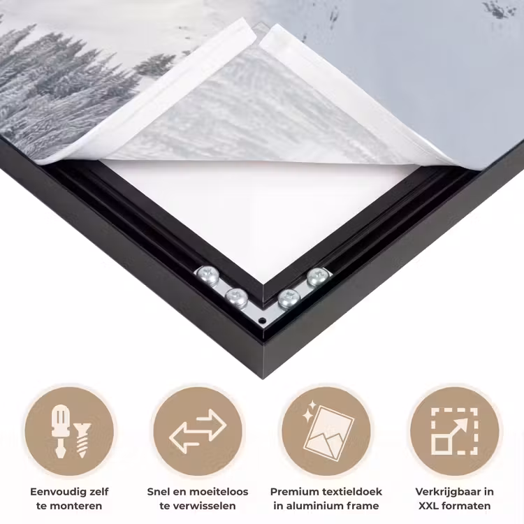 Berg - Sneeuw - Winter - Natuur - Wit Textielframe zwart klein -USP_closeupNL