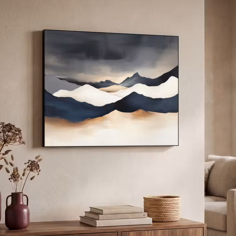 Bergen - Donkerblauw - Landschap Textielframe zwart klein -sfeer3