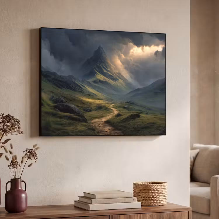 Bergen - Kronkelpad - Groen - Wolken Textielframe zwart klein -sfeer3