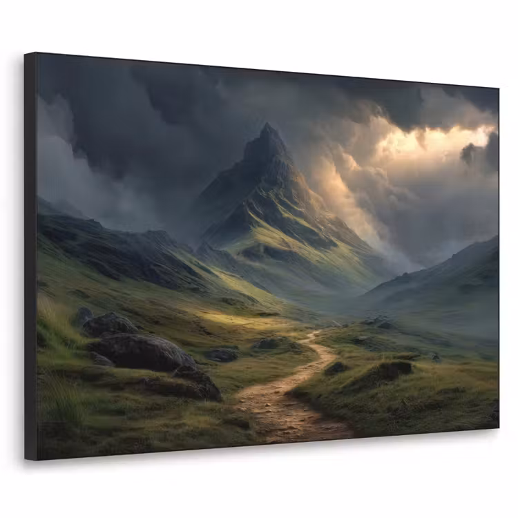 Bergen - Kronkelpad - Groen - Wolken Textielframe zwart klein -3d
