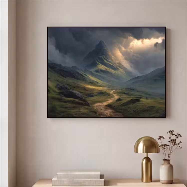 Bergen - Kronkelpad - Groen - Wolken Textielframe - compleet frame klein -sfeer2