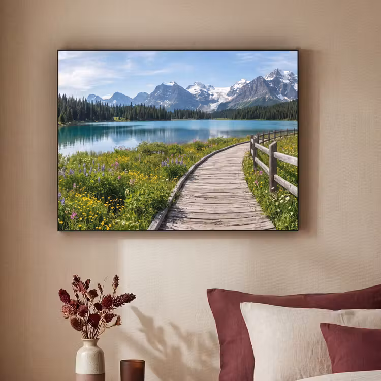 Bergen - Meer - Landschap - Blauw Textielframe zwart klein -sfeer1