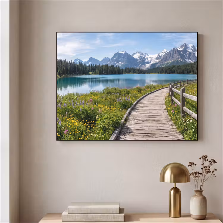 Bergen - Meer - Landschap - Blauw Textielframe zwart klein -sfeer2