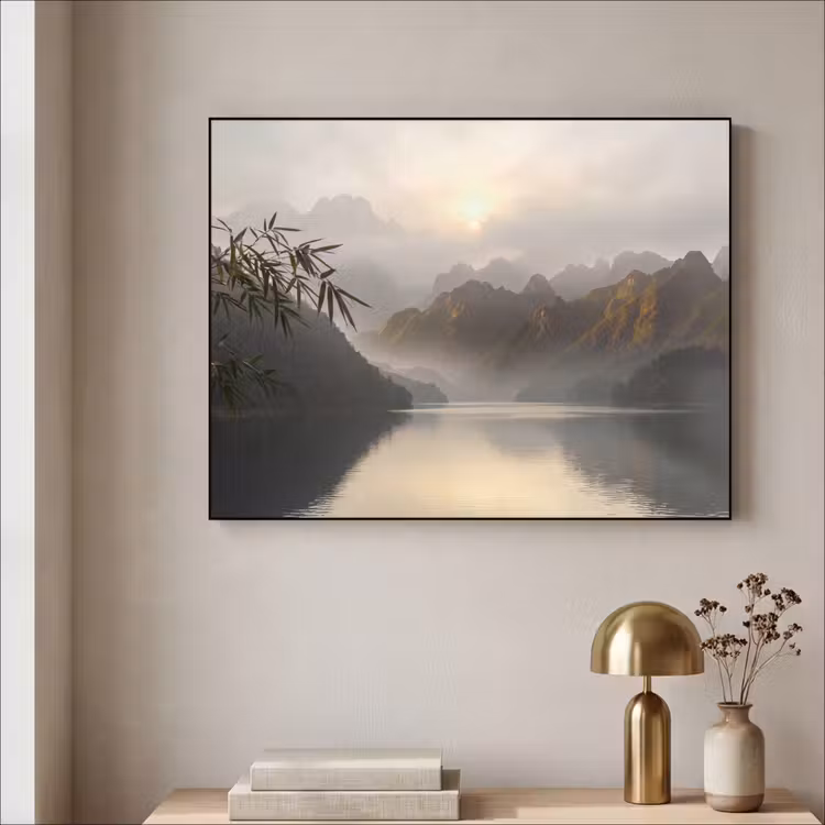 Bergen - Water - Mist - Natuur - Landschap Textielframe zwart klein -sfeer2