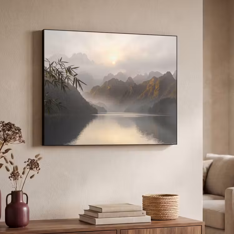Bergen - Water - Mist - Natuur - Landschap Textielframe zwart klein -sfeer3