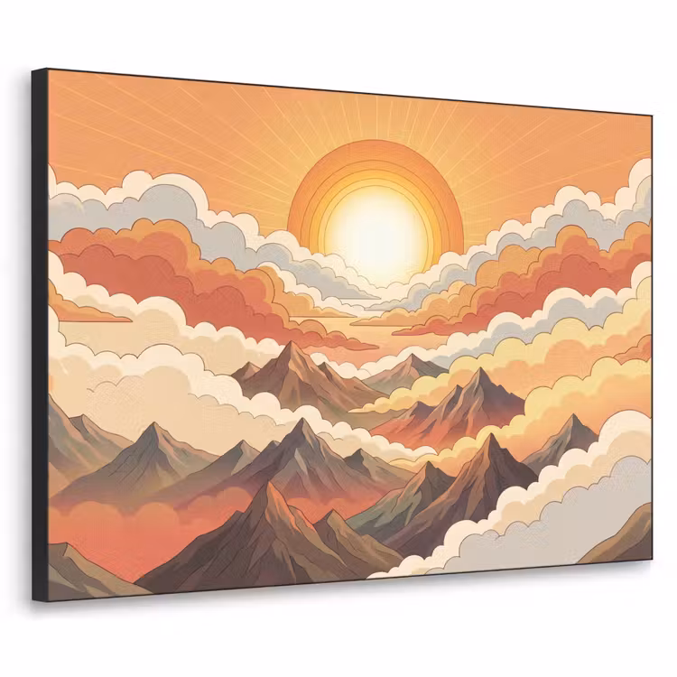 Bergen - Wolken - Natuur - Zonsopgang - Oranje Textielframe zwart klein -3d
