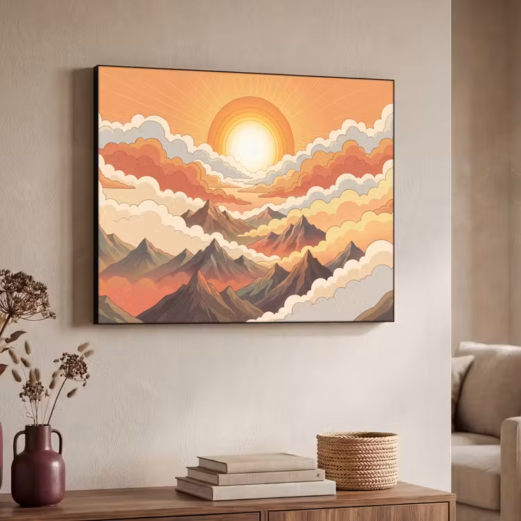 Bergen - Wolken - Natuur - Zonsopgang - Oranje Textielframe zwart klein -sfeer3