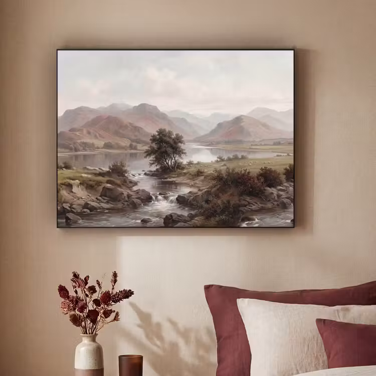Berglandschap - Meer - Bergen - Vallei - Klassiek Textielframe zwart klein -sfeer1