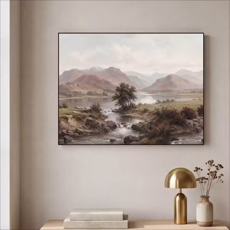 Berglandschap - Meer - Bergen - Vallei - Klassiek Textielframe zwart klein -sfeer2