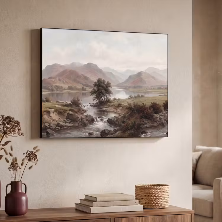 Berglandschap - Meer - Bergen - Vallei - Klassiek Textielframe zwart klein -sfeer3