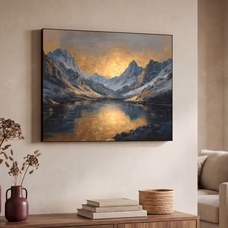 Berglandschap met Gouden Zonsondergang Textielframe zwart klein -sfeer3